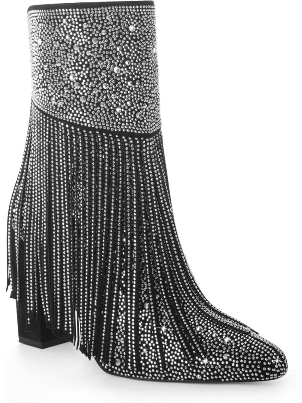 Women's Black Faux Leather Fringe Rhinestone Western Ankle Cowgirls Booties